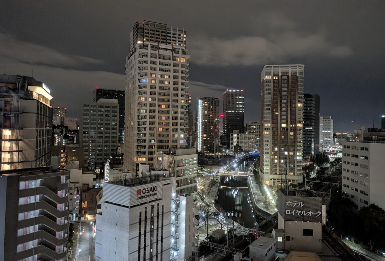 View off the balcony at night